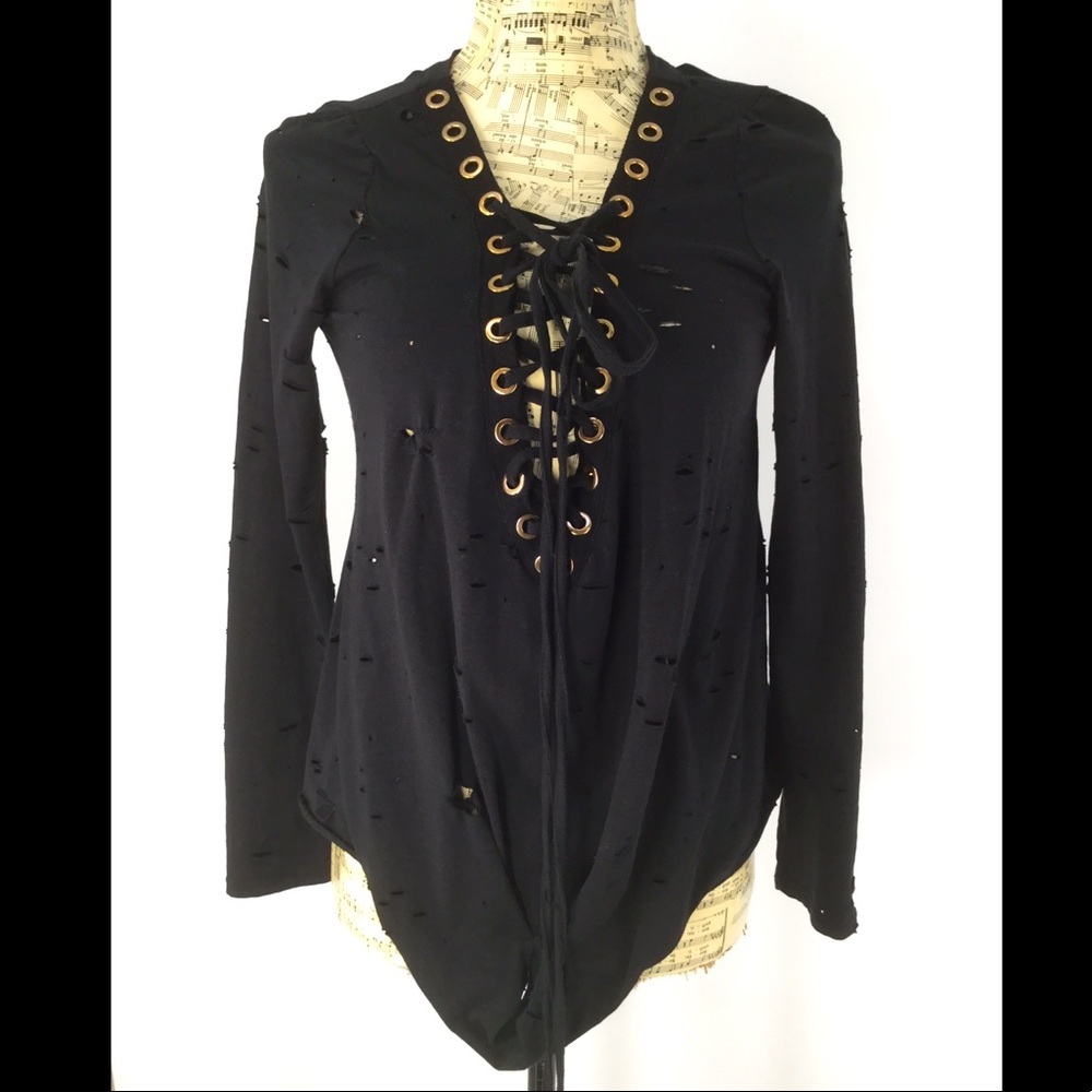 Hot & Delicious S Lace Up Black Blouse with holes
